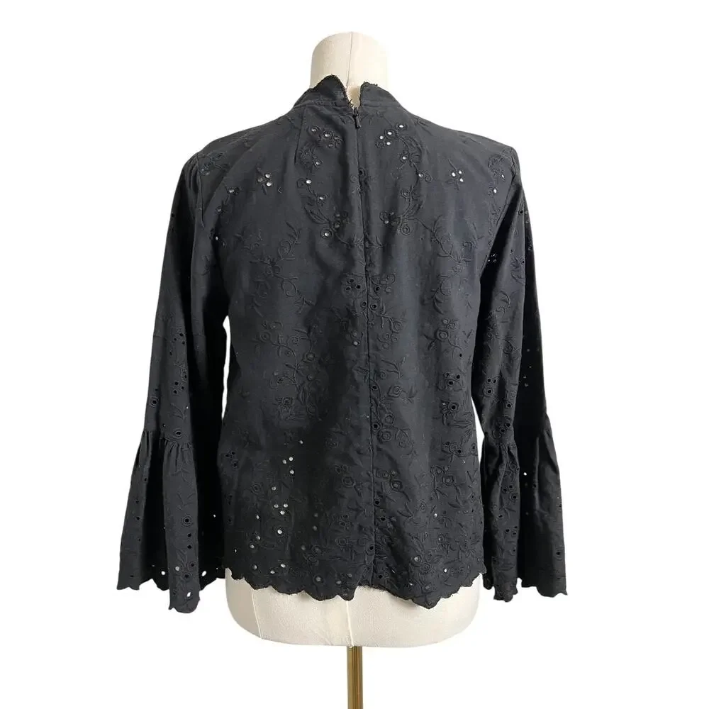Ulla Johnson Blouse Womens 6 Black Embroidered Eyelet Bell Sleeve Mock Neck Top